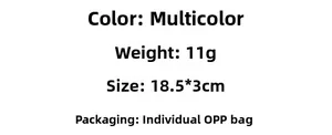 Detail showing specifications for embroidered keychain with dimensions 18.5x3cm and 11g weight