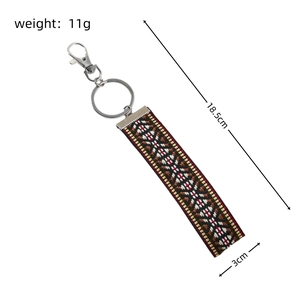 Ethnic embroidery keychain detail showing 18.5cm length and geometric weave patterns