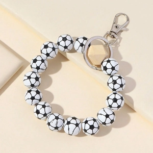 Porte-clés Bracelet Sportif en Perles de Football Métal et Bois Motif Ballon de Foot Charme de Sac à Dos Accessoire Cadeau