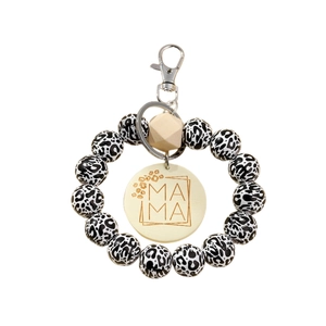 Leopard print beaded bracelet keychain with MAMA wood charm and silver metal clasp