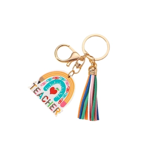 Rainbow teacher wooden keychain with colorful tassels and gold leopard print lettering