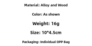 Detailed specifications of wood and alloy keychain measuring 10x4.5cm and weighing 16g