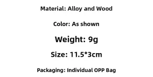 Detail specifications showing alloy wood material and 11.5x3cm dimensions for the keychain