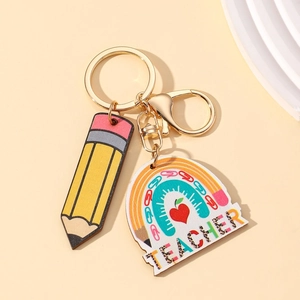 Rainbow teacher appreciation keychain with pencil charm and gold metal ring for gifts