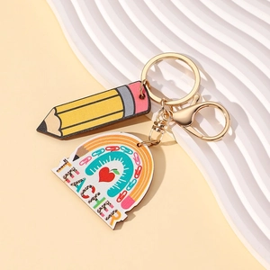 Teacher Appreciation Gift Rainbow Pencil Wooden Keychain Apple Pattern Pendant Teacher Day Souvenir Fashion Jewelry Key Ring