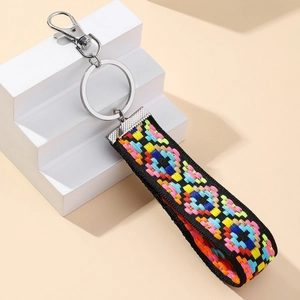 Ethnic style embroidered floral lanyard keychain with colorful geometric patterns and silver clasp