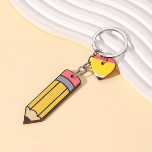 Creative pencil shaped wooden keychain with pink heart charm and silver metal ring