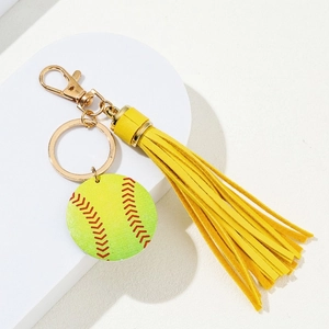 Creative softball keychain featuring yellow leather tassel and red stitched ball charm