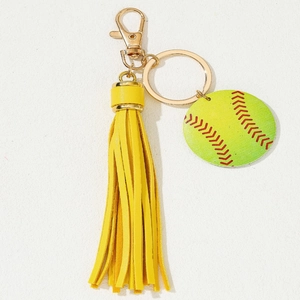 Mini baseball keychain with yellow leather tassel and golden metal lobster clasp charm
