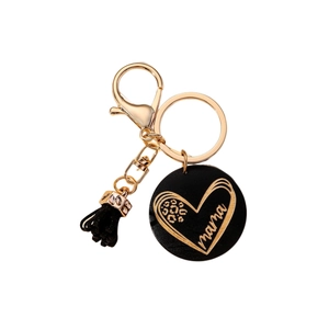 Mama keychain with black round pendant, leopard print heart design and black tassel