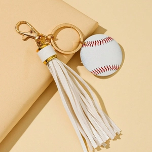 Creative baseball keychain with white leather tassel and red stitching detail for sports gifts