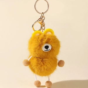 Cute ginger faux mink fur raccoon plush keychain with golden metal ring for bags