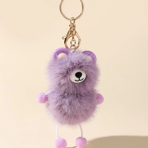Cute purple faux mink fur raccoon keychain with plush ball limbs and golden clasp