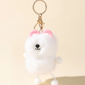 Plush white raccoon keychain with soft faux mink fur and premium gold metal clip