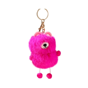 Cute pink faux mink fur raccoon keychain with a golden ring holder for bags