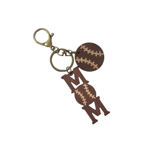 Creative wooden MOM baseball keychain with natural wood grain and bronze metal keyring