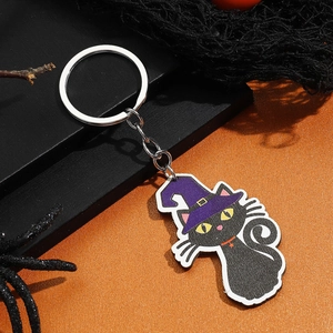 Halloween sleutelhanger met schattige zwarte kat, heksenhoed en glanzende metalen ring