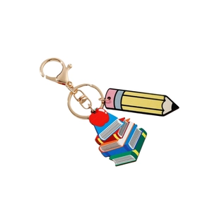 School-themed teacher appreciation keychain with pencil, apple, and books charms