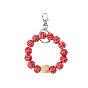XOXO red silicone beaded keychain wristlet with hexagonal natural wooden bead accent