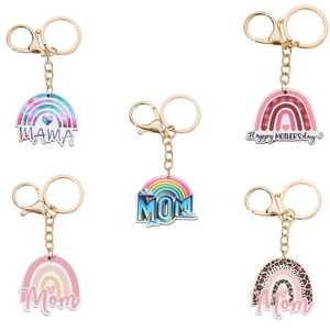 Rainbow Mother Day Keychain Wood Alloy Mom Mama Gift Leopard Heart Print Hanging Ornament For Handbag Keys Jewelry