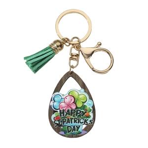St. Patrick's Day wooden teardrop keychain with green tassel and lucky shamrock charm