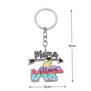 Detailed size view of Mama Bear keychain with leopard print and rainbow patterns