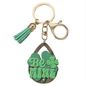 Saint Patrick's Day clover wood keychain with mint green tassel and gold clasp