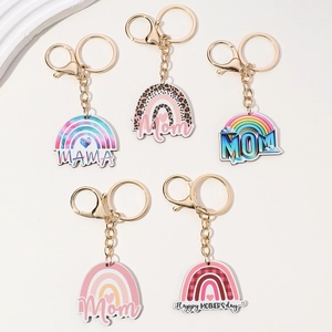 Rainbow Mama and Mom keychains set with leopard print and hearts for Mother's Day