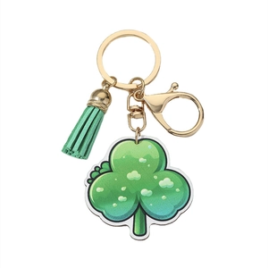 Saint Patrick's Day green clover keychain with tassel and golden metal hardware