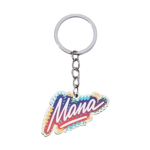 Macro detail of MAMA rainbow acrylic keychain with silver ring and vibrant artistic colors