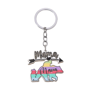 Rainbow mama bear keychain with leopard print text and pink heart arrow design