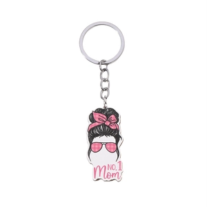 Close-up of Mother's Day keychain with No. 1 Mom text and feminine silhouette