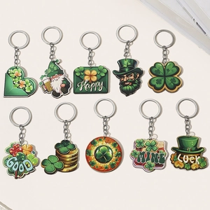 Green St. Patrick's Day acrylic keychain set with shamrocks and lucky leprechaun charms