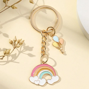 Colorful rainbow and cloud alloy keychain with heart clouds and balloon charms on gold ring