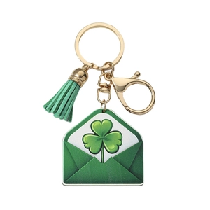 Close-up of Saint Patrick's Day green clover keychain with lucky envelope and leather tassel