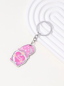 Close-up of pink gnome keychain with Thanks Mom text and metal ring for Mother's Day