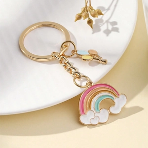 Colorful rainbow and cloud keychain with gold alloy rings and vibrant balloon charms