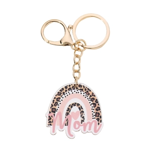 Rainbow leopard print Mom keychain with pink heart and gold lobster clasp for Mother's Day