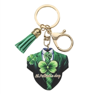 St. Patrick's Day green clover heart keychain with gold ring and leather tassel