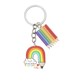 Acrylic Teacher Aide keychain with rainbow cloud and colorful pencil charms on white background