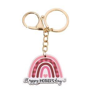 Rainbow-shaped Happy Mother's Day keychain with pink heart detail and golden ring