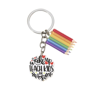 Colorful pencil teacher keychain with acrylic pendant featuring inspirational text engraving
