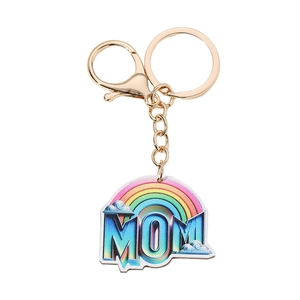 Detailed macro view of acrylic rainbow MOM keychain with premium gold metal hardware