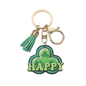 St. Patrick's Day green clover keychain with golden ring and happy lucky pendant