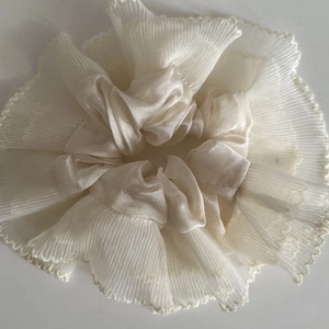 Elegant off-white ballet style organza scrunchie with layered lace edges for hair