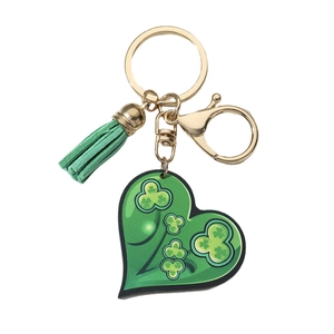 St. Patrick's Day green heart keychain with clover patterns and a stylish tassel charm