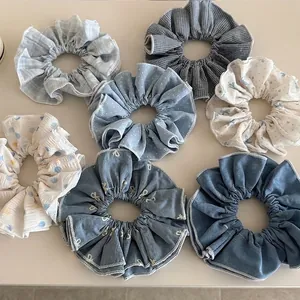 Chouchous en Tissu Floral Pois Carreaux Pour Femmes Bleu Blanc Bord en Dentelle Élastiques à Cheveux Porte-Queue de Cheval