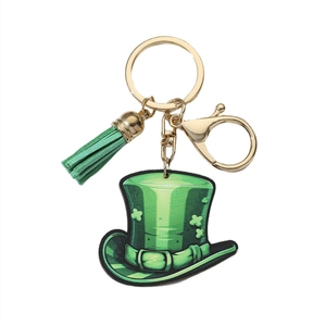 Detail of St. Patrick's Day keychain featuring a green top hat and matching green tassel