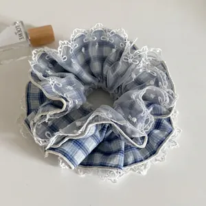 Ballet Style Blue Plaid Lace Scrunchie Embroidered Bow Trim Sweet Hair Tie Fresh Literary Floral Scrunchies For Girls Women Hair Accessories