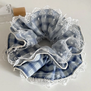 Blue checkered lace scrunchie with embroidery detail for elegant ballet style hair styling
